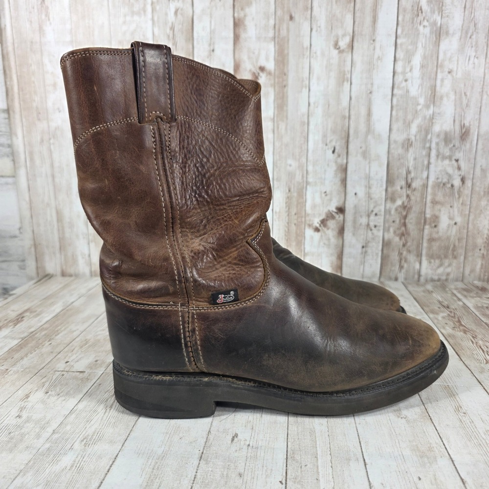 Justin Mens Leather Work Boots Brown Size 85‎ EE Pull On Round Toe